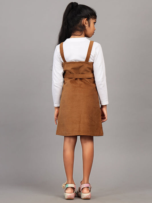 Zion Girls Front Open Dungaree Dress with Printed Tshirt-Brown