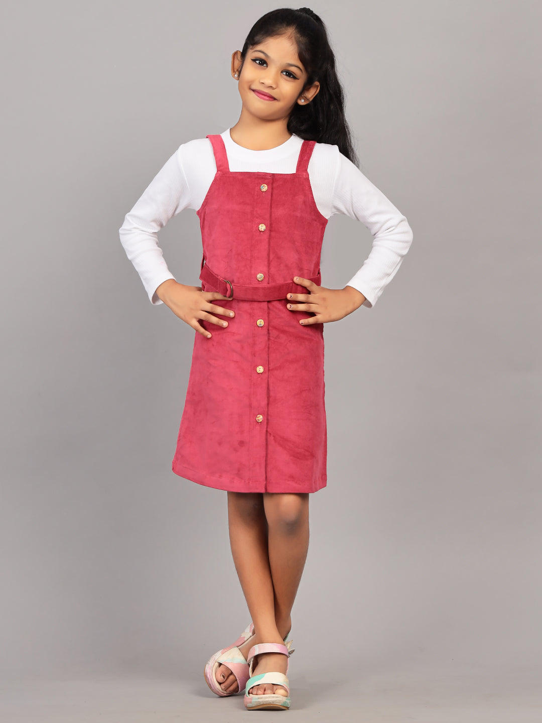 Zion Girls Front Open Dungaree Dress with Printed Tshirt-Fuschia