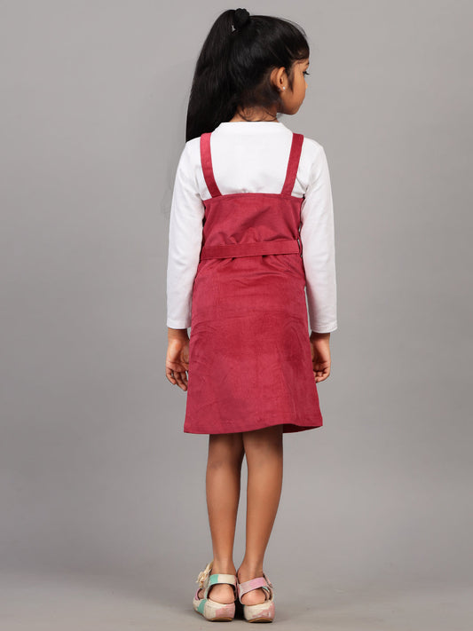Zion Girls Front Open Dungaree Dress with Printed Tshirt-Fuschia