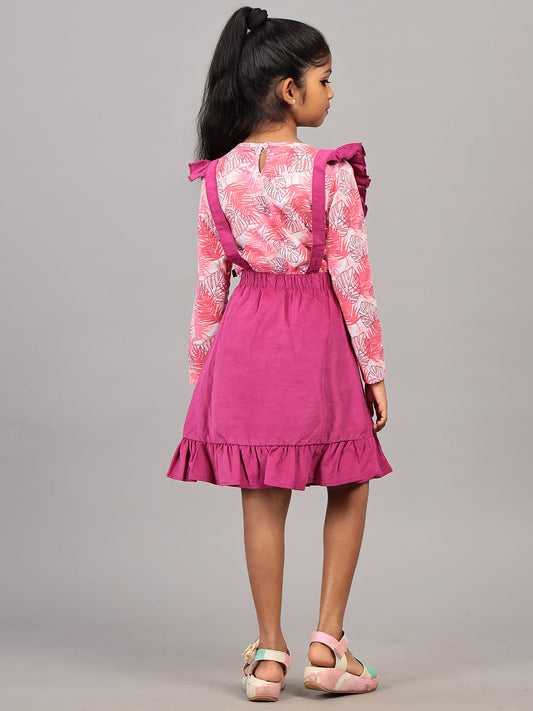 Zion Girls Dungaree Dress with Printed Tshirt & Ruffle Highlights-Dk Pink