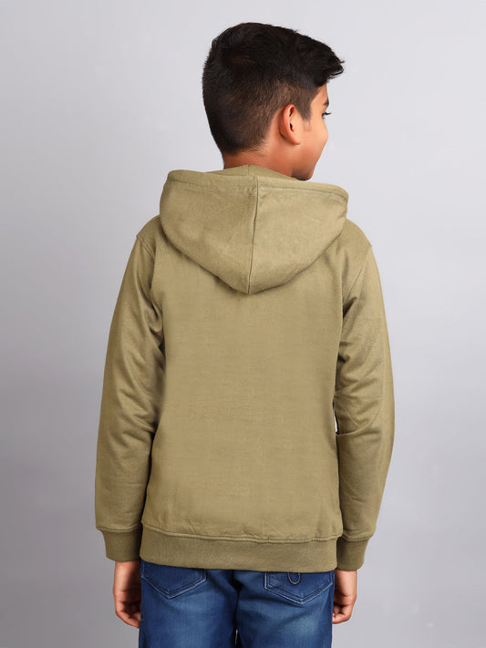 Zion Boys Solid Front Open Hooded Sweatshirt with Flag embroidery-Olive