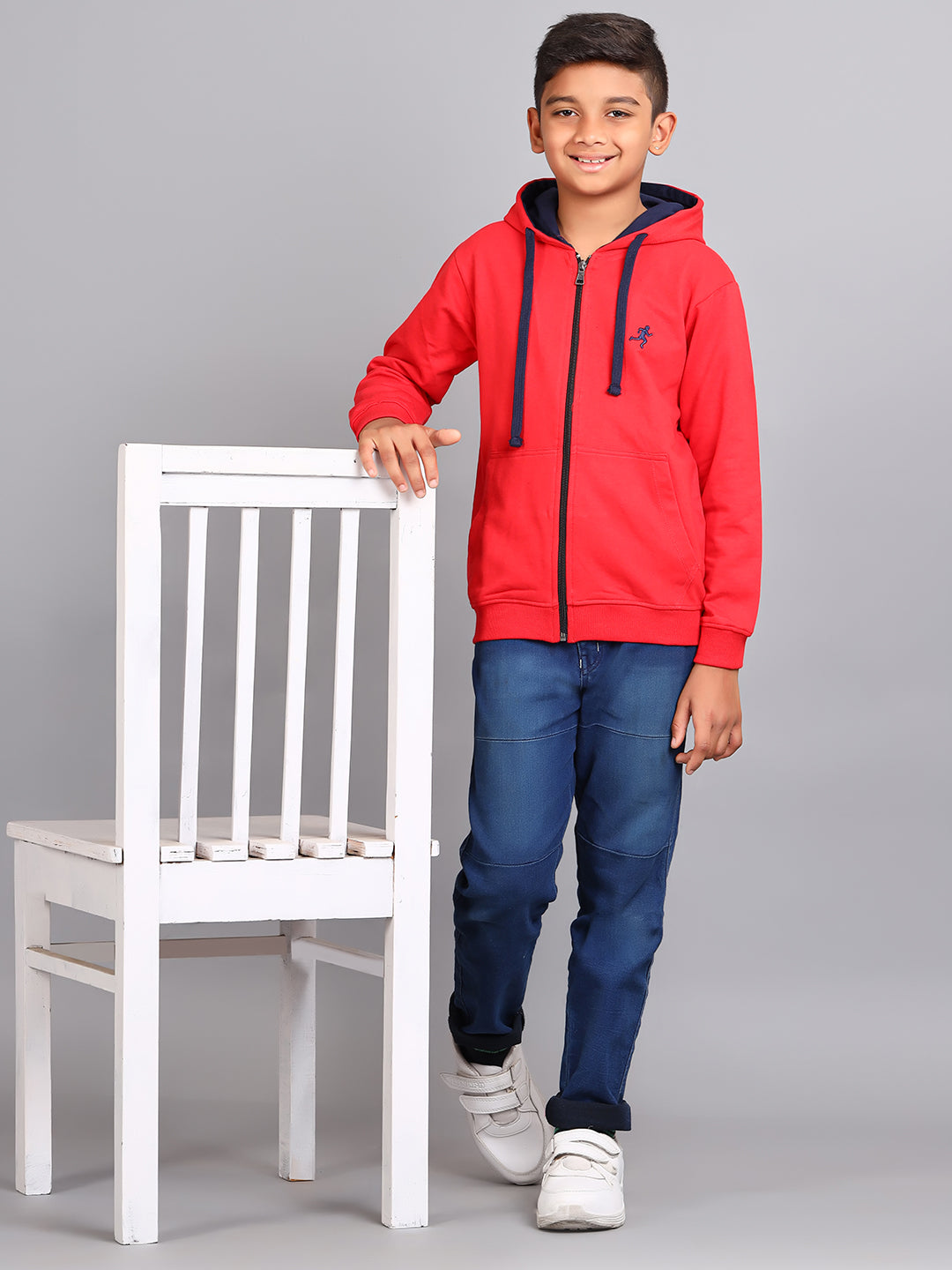 Zion Boys Solid Front Open Hooded Sweatshirt with embroidery-Red