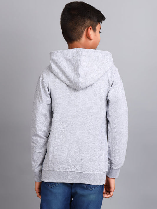 Zion Boys Solid Front Open Hooded Sweatshirt with Flag embroidery-Grey Melange