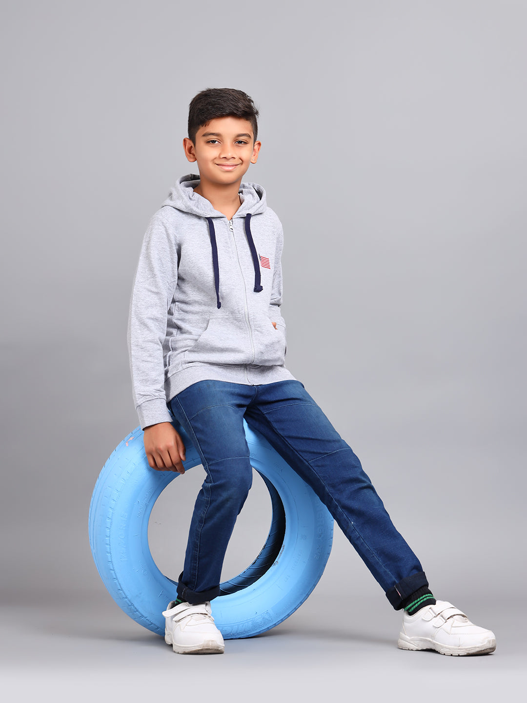 Zion Boys Solid Front Open Hooded Sweatshirt with Flag embroidery-Grey Melange