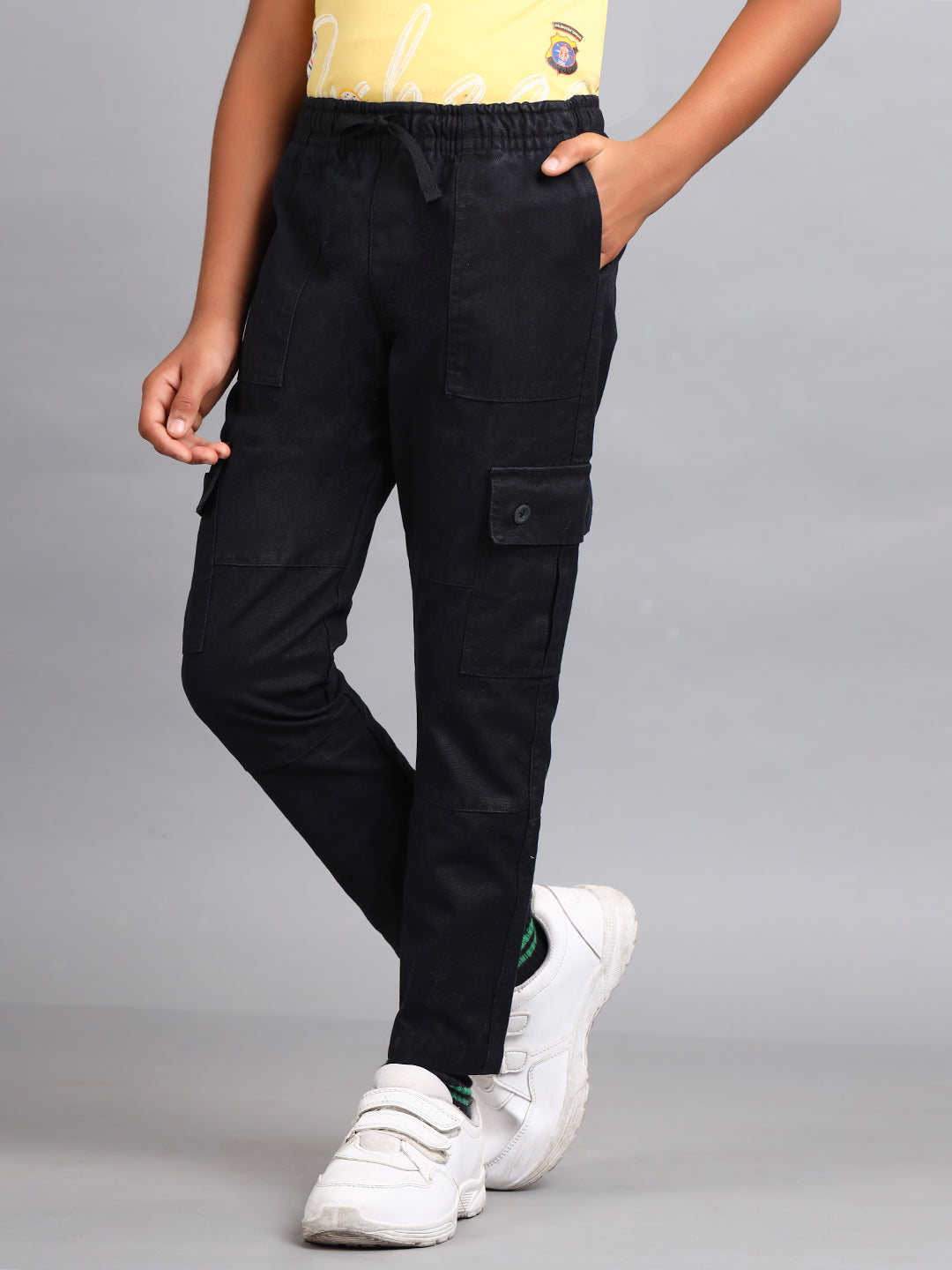 Zion Boys Solid Cargo Pants with Draw Chord - Black