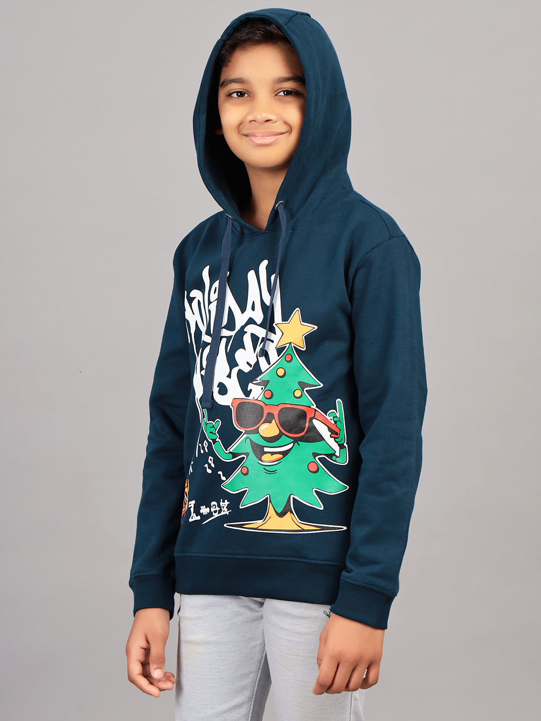 Zion Boys Hooded Sweatshirt with Xmas Print Highlights.-Blue
