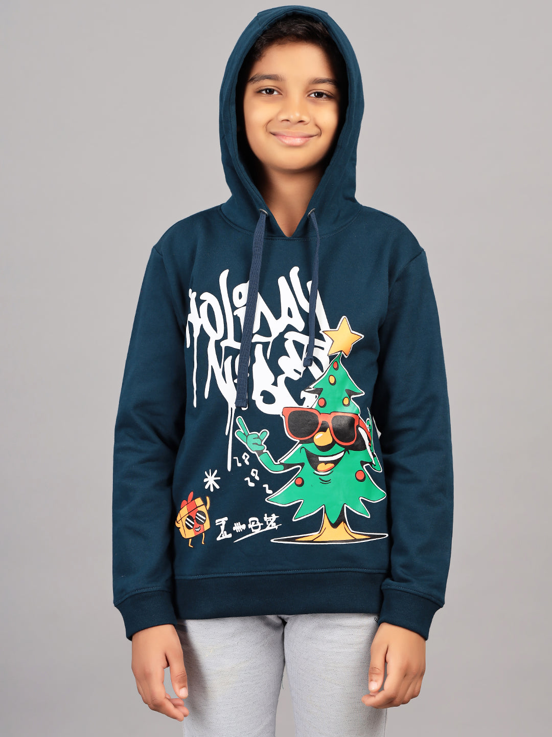 Zion Boys Hooded Sweatshirt with Xmas Print Highlights.-Blue