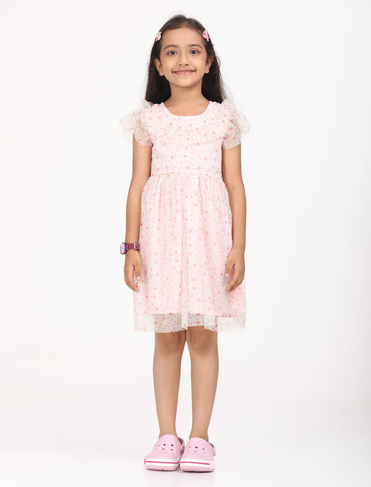 Zion Mesh Cap Sleeves All Over Print Fit and Flare Dress - Peach