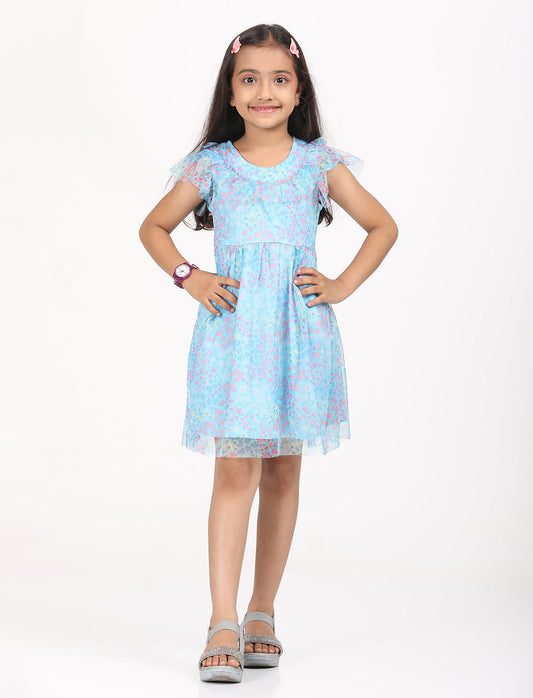 Zion Mesh Cap Sleeves All Over Print Fit and Flare Dress - Blue