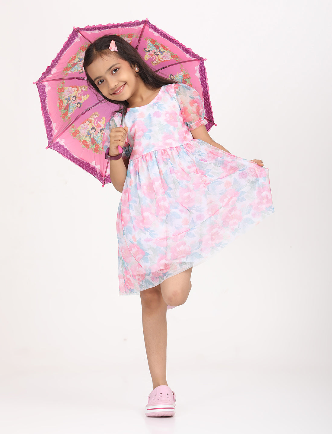 Zion Girls Fit and Flare Dress in All Over Printed Floral Mesh -Blue