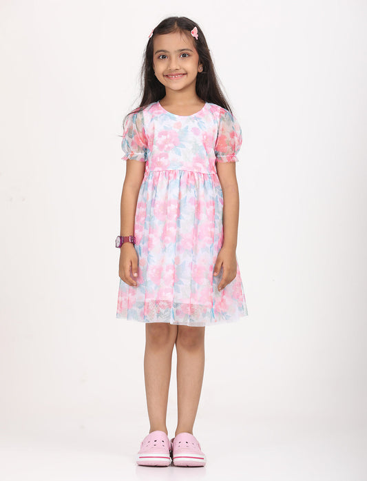 Zion Girls Fit and Flare Dress in All Over Printed Floral Mesh -Blue