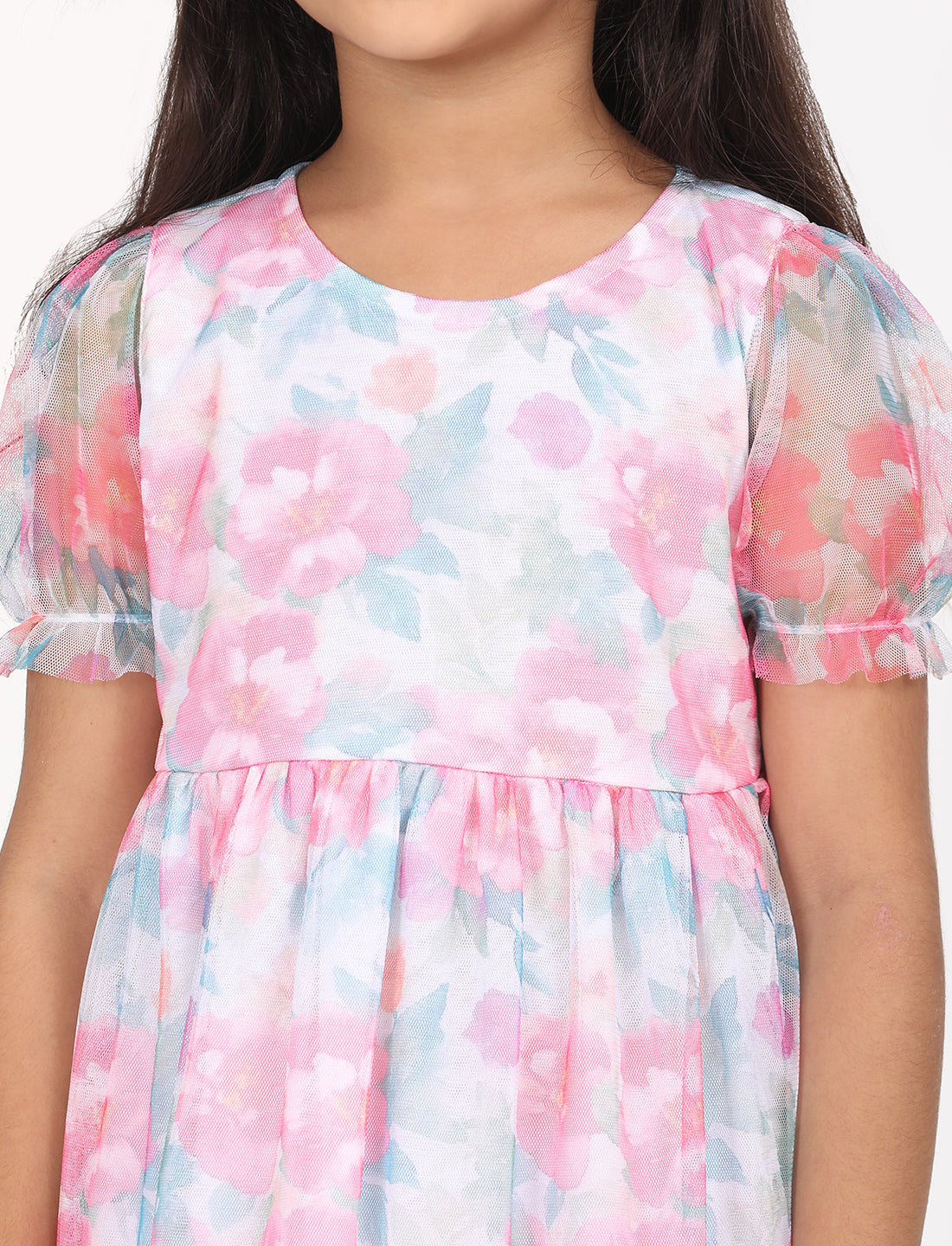 Zion Girls Fit and Flare Dress in All Over Printed Floral Mesh -Blue