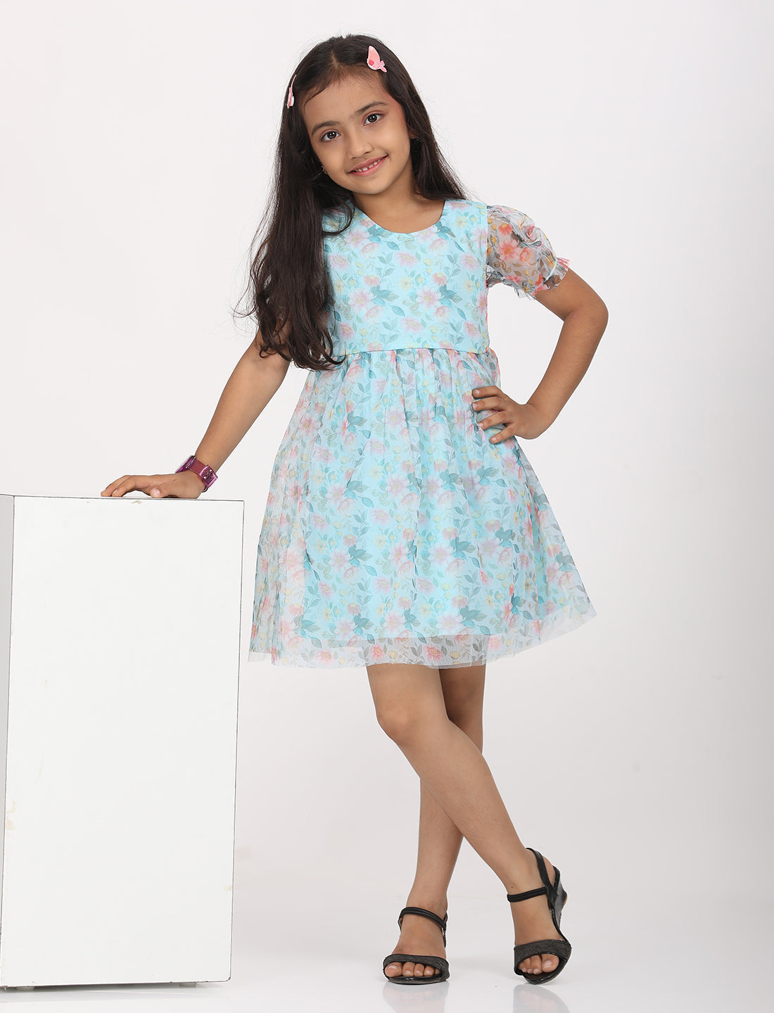 Zion Girls Fit and Flare Dress in All Over Printed Floral Mesh -Green