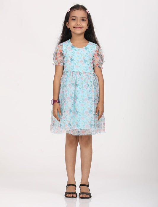 Zion Girls Fit and Flare Dress in All Over Printed Floral Mesh -Green