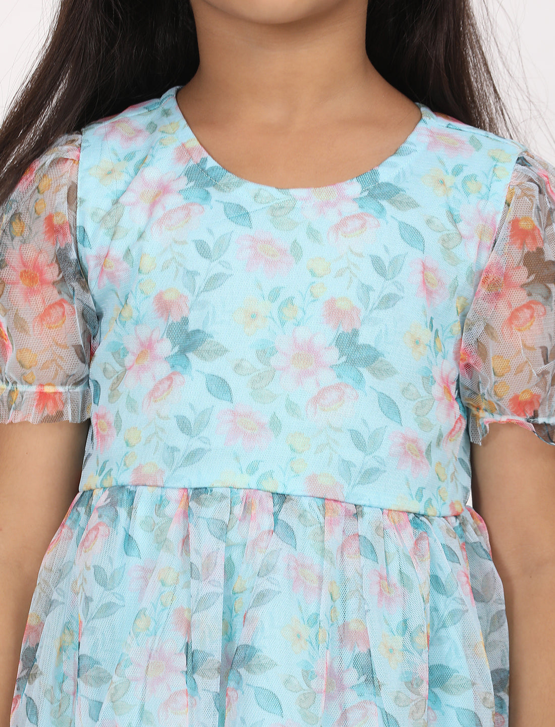 Zion Girls Fit and Flare Dress in All Over Printed Floral Mesh -Green