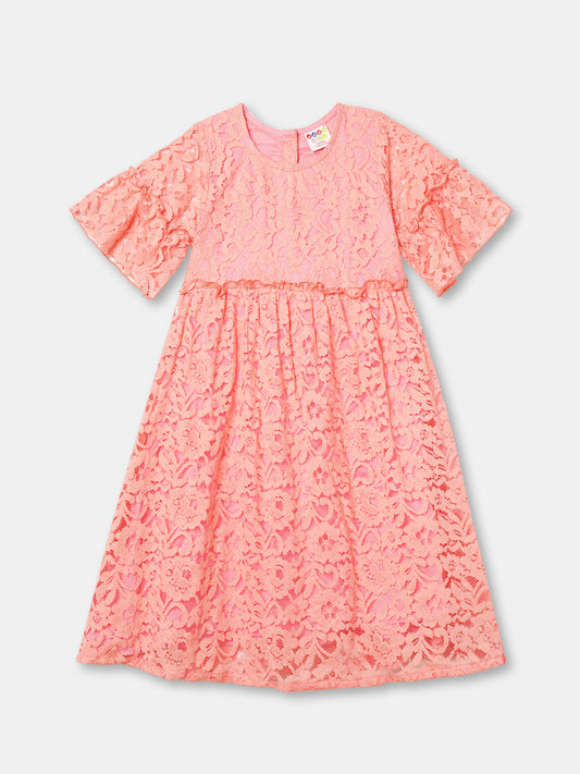 Zion Girls Lace Dress with Bell Sleeves & Ruffles - Peach