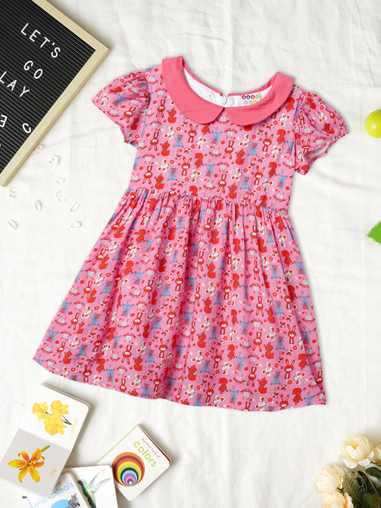 Zion Girls Printed Fit and Flare Dress with Peter Pan Collar -Peach