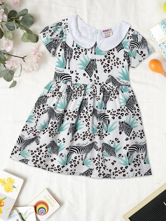 Zion Girls Printed Fit and Flare Dress with Peter Pan Collar -White