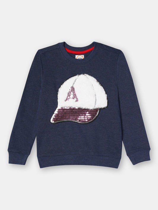 Zion Boys Sweatshirt with Fur Cap Embroidery-Navy Melange