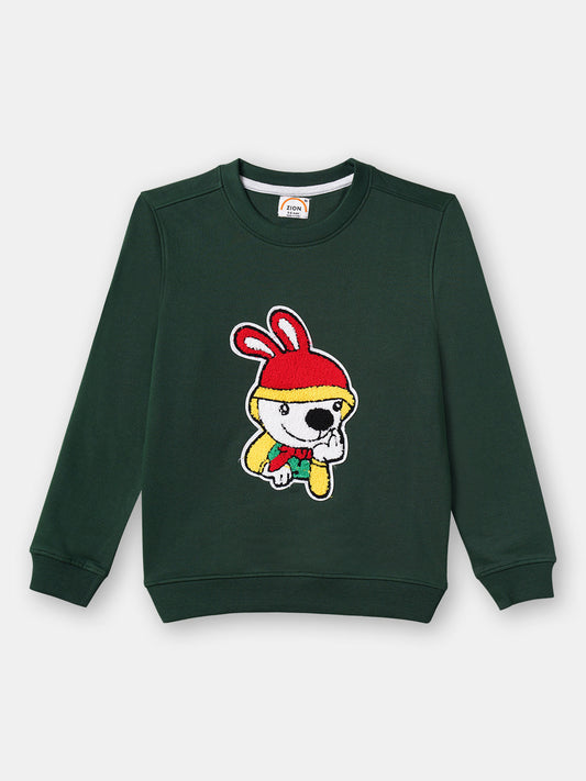 Zion Boys Sweatshirt with Cute  Dog in Terry Embroidery-Green