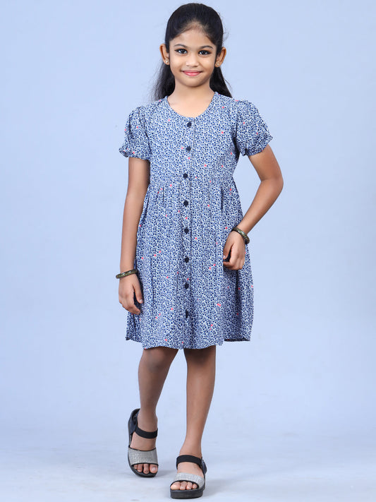 Zion Girls Printed Fit and Flare Dress with Flower Detail and Tie up Tape-Blue