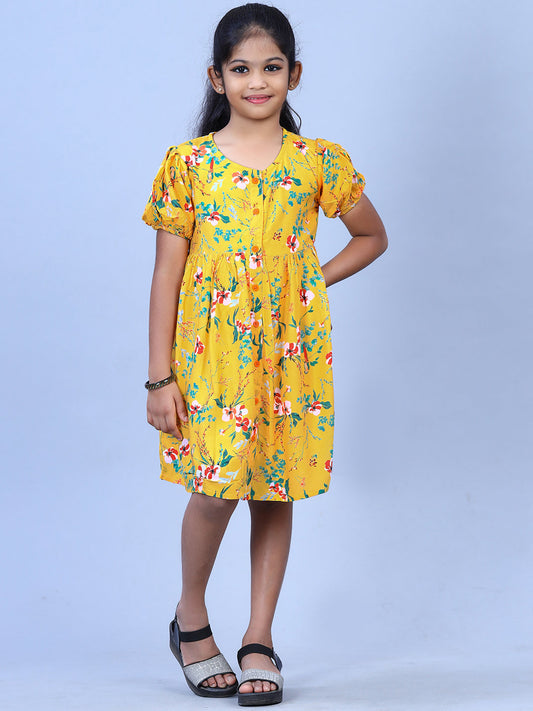 Zion Girls Printed Fit and Flare Dress with Flower Detail and Tie up Tape-Yellow