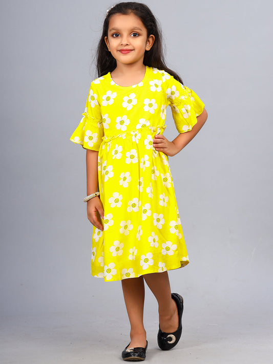 Zion Girls Printed Fit and Flare Dress with ruffle highlights & Bell Sleeves-Yellow
