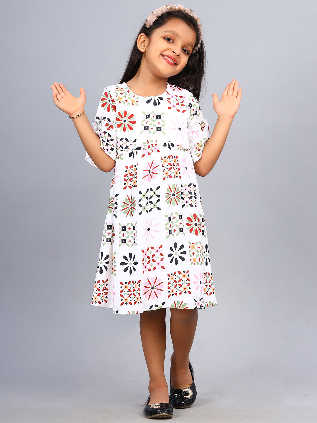 Zion Girls Printed Fit and Flare Dress with ruffle highlights & Bell Sleeves-White