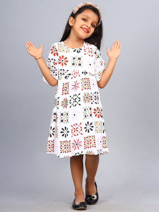 Zion Girls Printed Fit and Flare Dress with ruffle highlights & Bell Sleeves-White