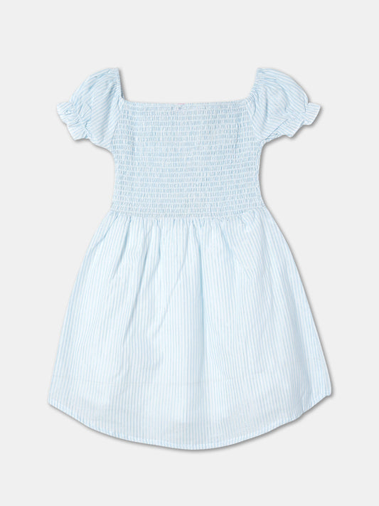 Zion Girls Printed Smocked Fit and Flare Dress-Blue Stripes
