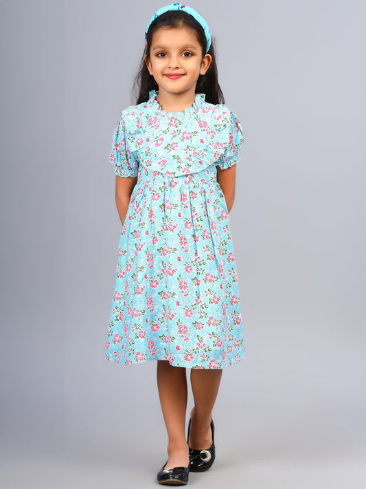 Zion Girls Printed Fit and Flare Dress with Ruffle Highlights & Puff Sleeves-Light Blue