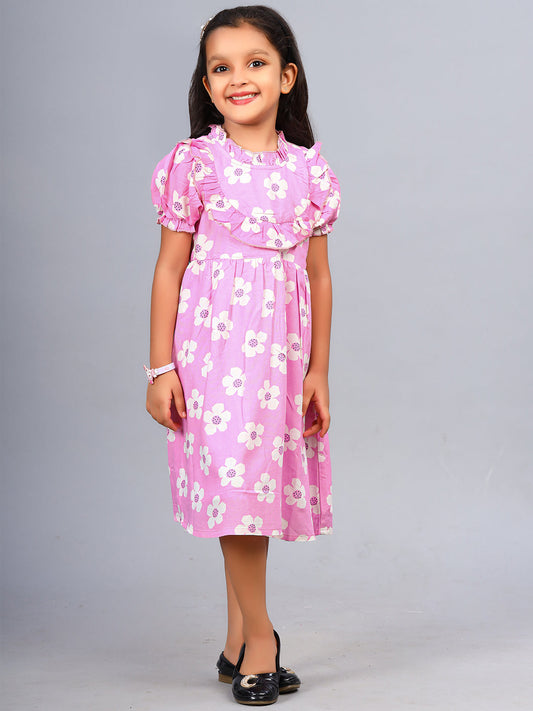 Zion Girls Printed Fit and Flare Dress with Ruffle Highlights & Puff Sleeves-Pink