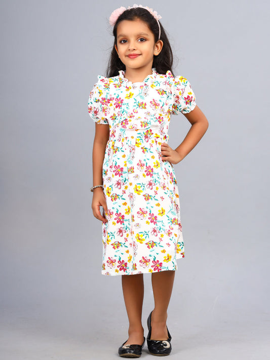 Zion Girls Printed Fit and Flare Dress with Ruffle Highlights & Puff Sleeves-White