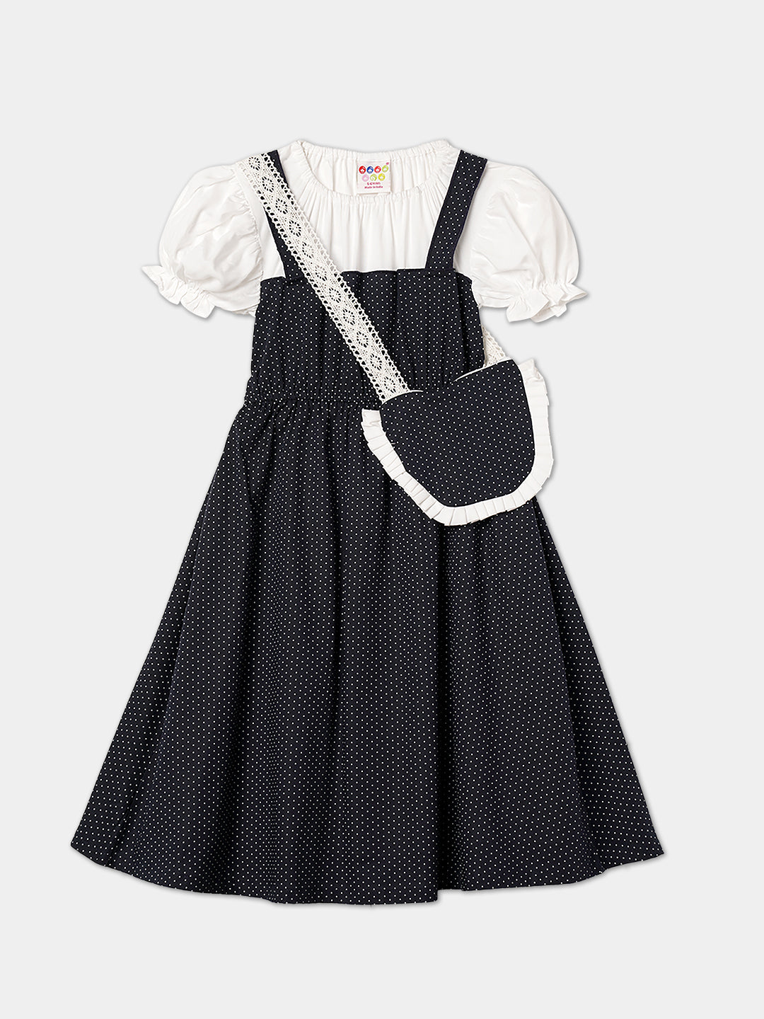 Zion Girls Printed Fit and Flare Dress with pleated bodice & Purse-Navy