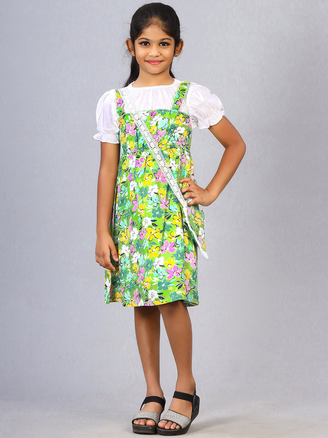 Zion Girls Printed Fit and Flare Dress with pleated bodice & Purse-Green