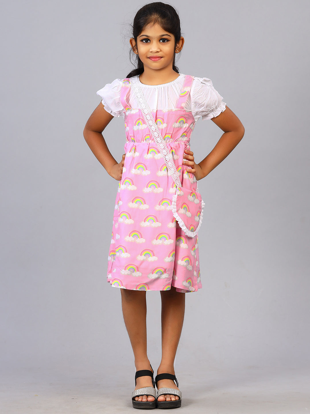 Zion Girls Printed Fit and Flare Dress with pleated bodice & Purse-Multi