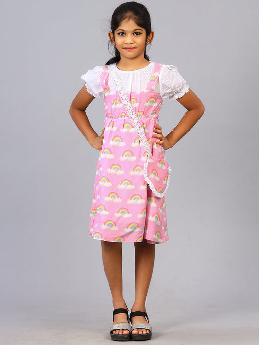 Zion Girls Printed Fit and Flare Dress with pleated bodice & Purse-Multi