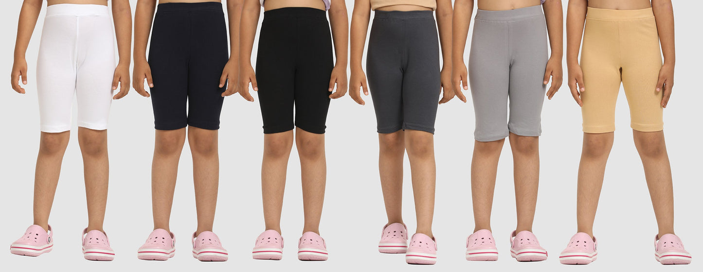 Zion Girls Tights - Thigh Length Knitted Shorts - 4 Way Stretchable - Pack of 6 (White, Black, Navy, Nude, Dk Grey, Lt Grey)