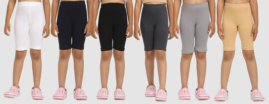 Zion Girls Tights - Thigh Length Knitted Shorts - 4 Way Stretchable - Pack of 6 (White, Black, Navy, Nude, Dk Grey, Lt Grey)