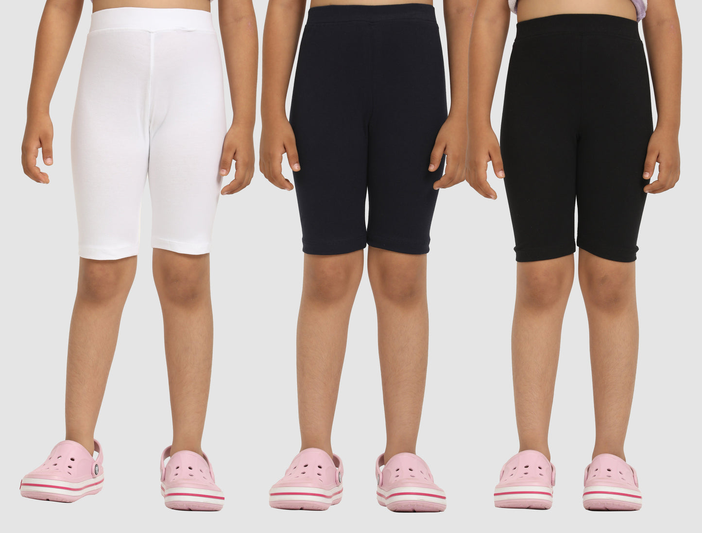 Zion Girls Tights - Thigh Length Knitted Shorts - 4 Way Stretchable - Pack of 3 (White, Black, Navy)