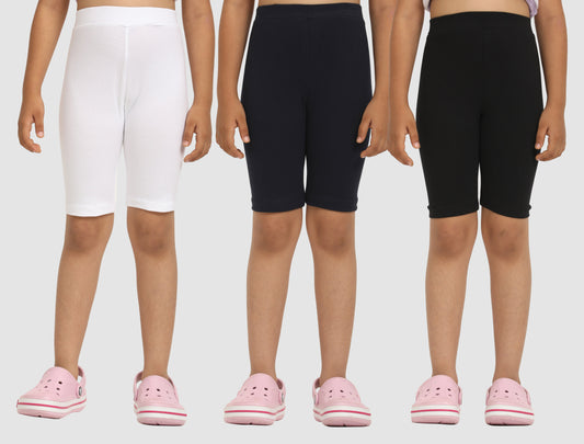 Zion Girls Tights - Thigh Length Knitted Shorts - 4 Way Stretchable - Pack of 3 (White, Black, Navy)
