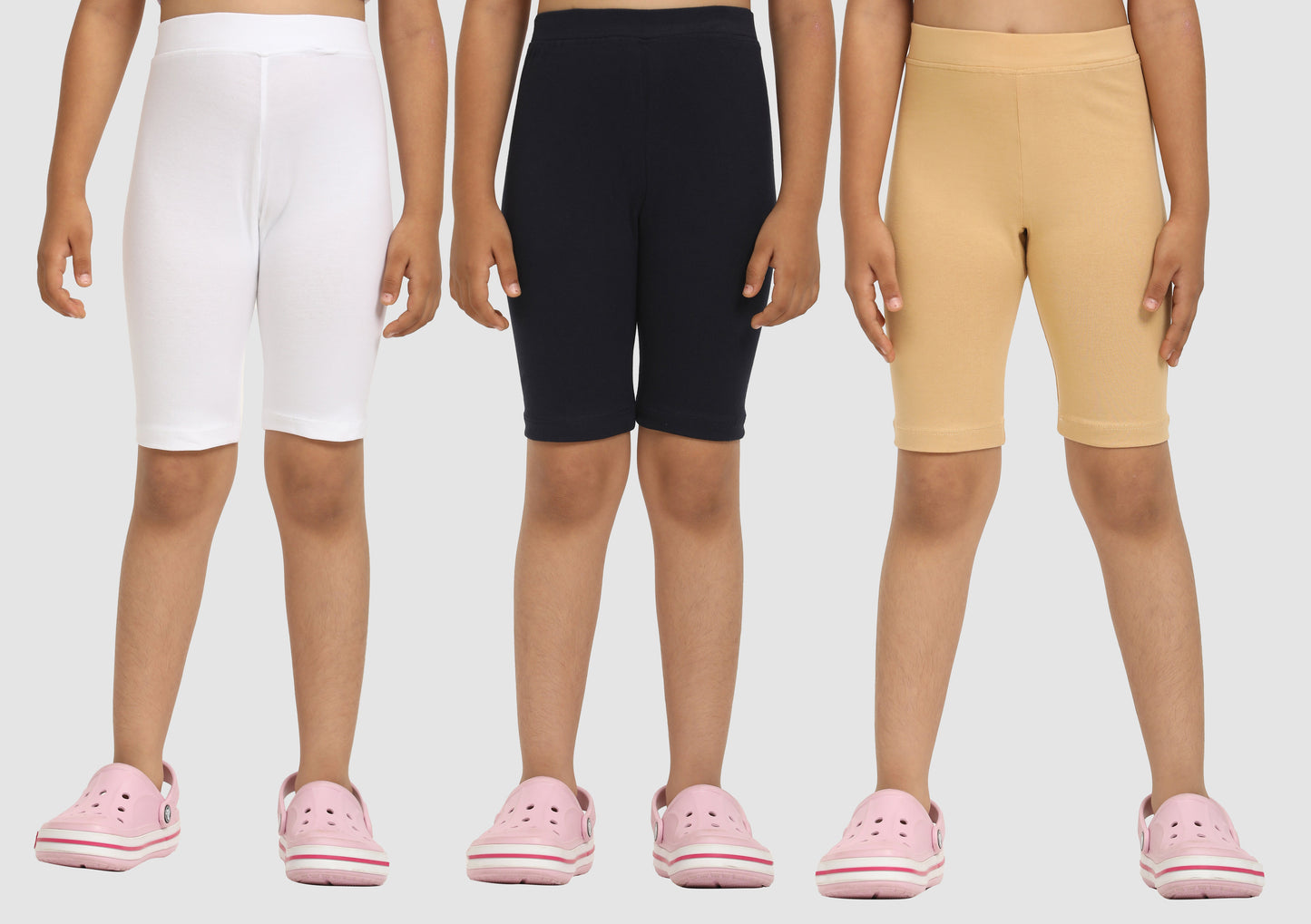 Zion Girls Tights - Thigh Length Knitted Shorts - 4 Way Stretchable - Pack of 3 (White, Black, Nude)