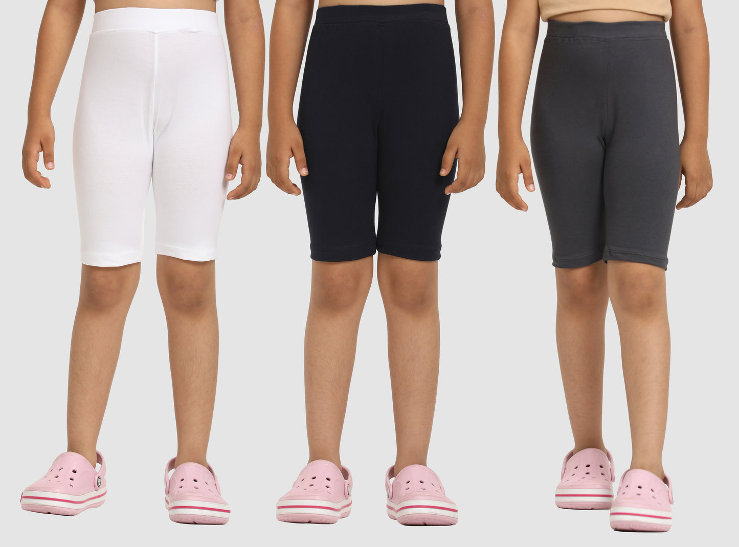 Zion Girls Tights - Thigh Length Knitted Shorts - 4 Way Stretchable - Pack of 3 (White, Black, Dark Grey)