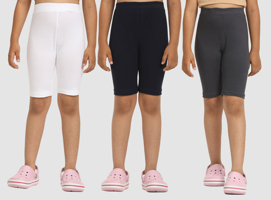 Zion Girls Tights - Thigh Length Knitted Shorts - 4 Way Stretchable - Pack of 3 (White, Black, Dark Grey)