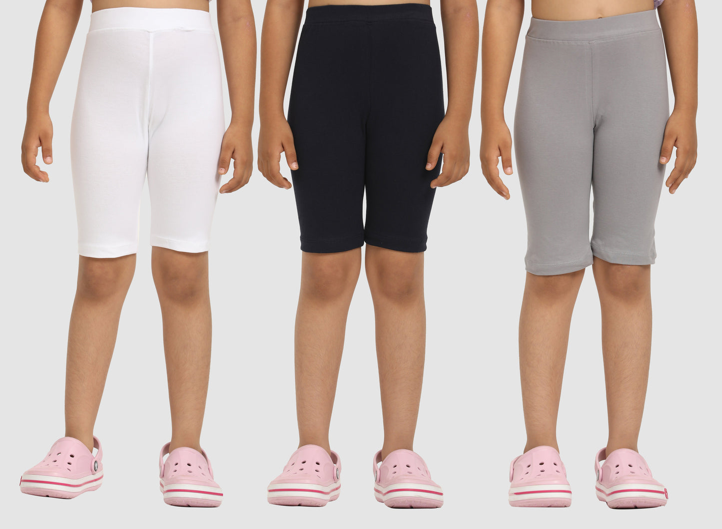 Zion Girls Tights - Thigh Length Knitted Shorts - 4 Way Stretchable - Pack of 3 (White, Black, Light Grey)