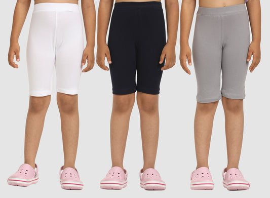 Zion Girls Tights - Thigh Length Knitted Shorts - 4 Way Stretchable - Pack of 3 (White, Black, Light Grey)