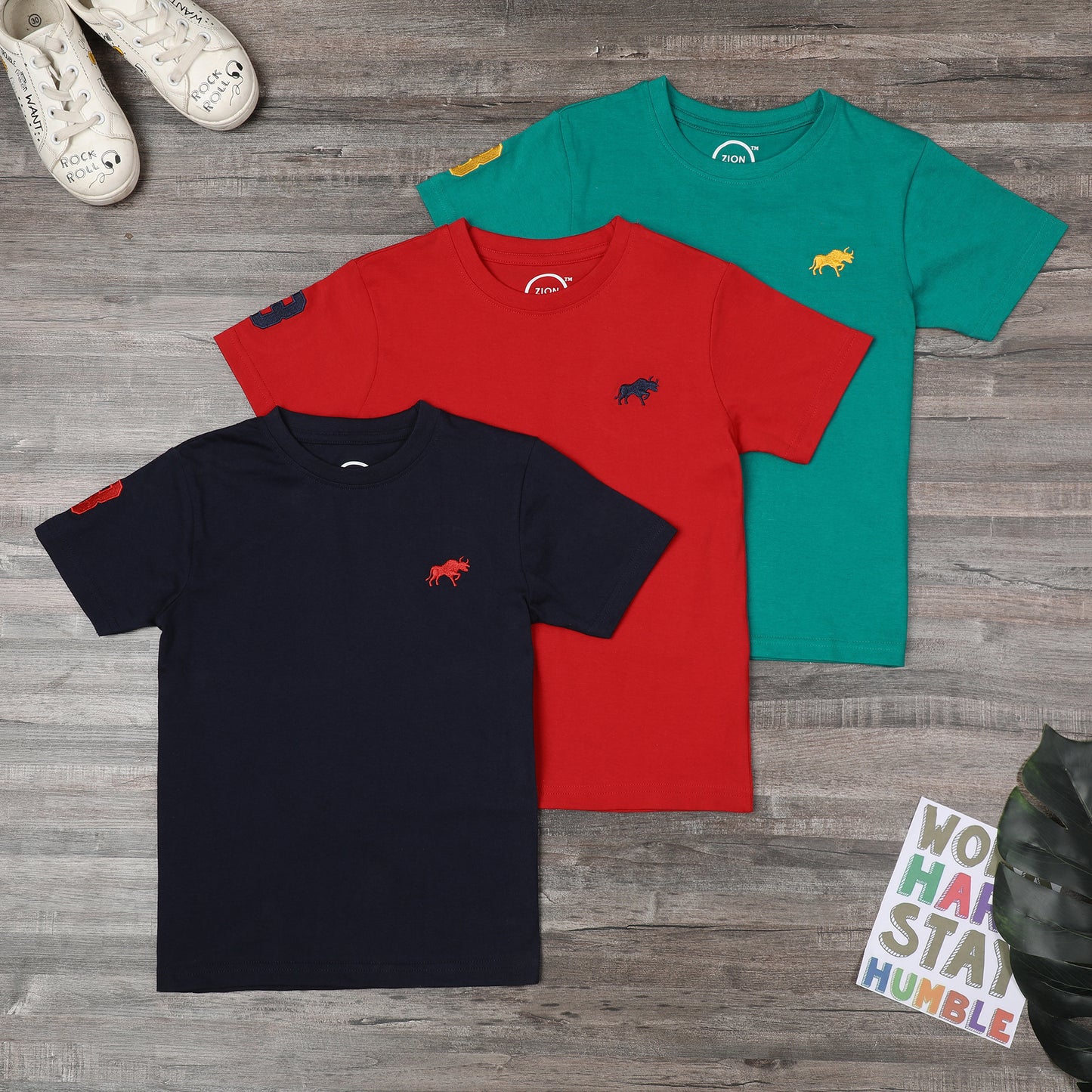 Zion Boys Crew Neck T shirt with Bull and Numeric embroidery Pack of 3