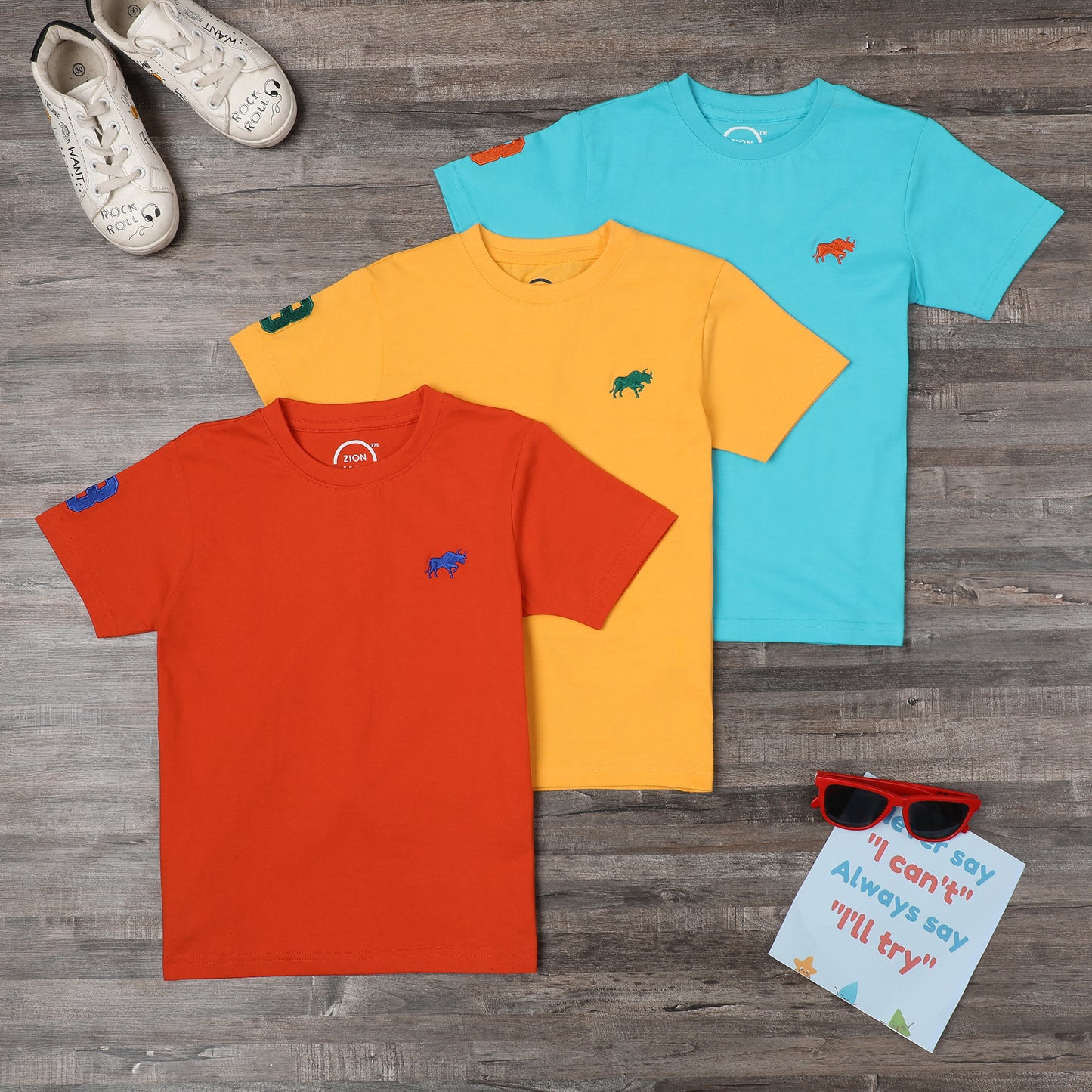 Zion Boys Crew Neck T shirt with Bull and Numeric embroidery Pack of 3