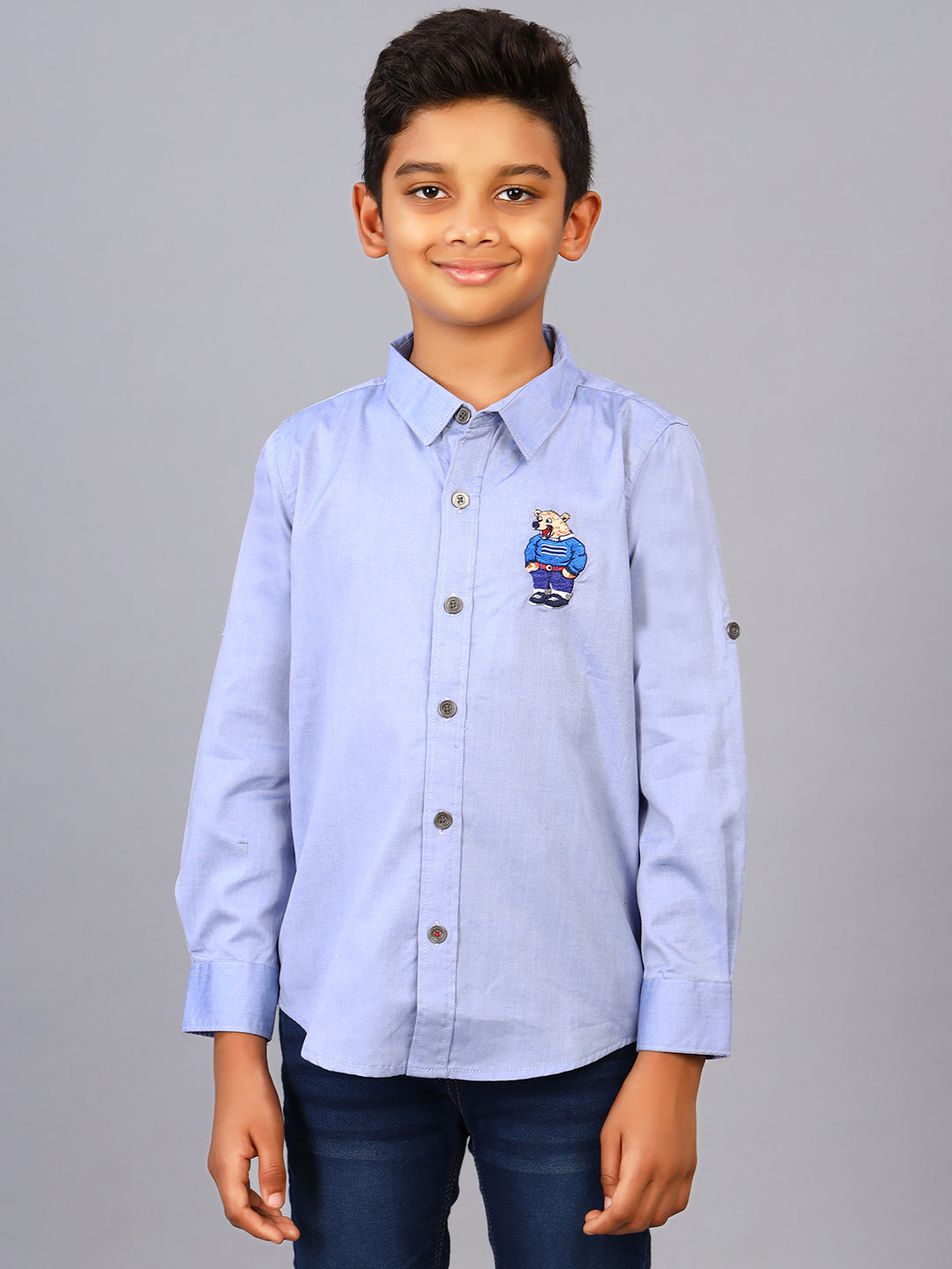 Zion Boys Shirt with Bear Embroidery & Epaulettes-Blue