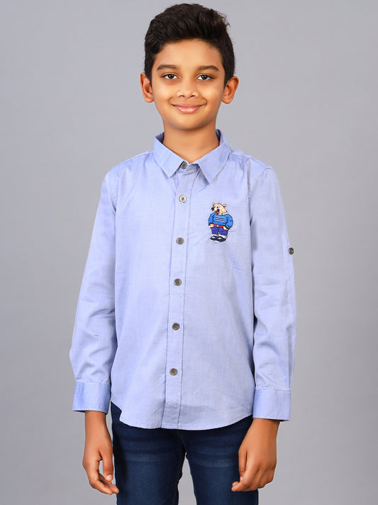Zion Boys Shirt with Bear Embroidery & Epaulettes-Blue